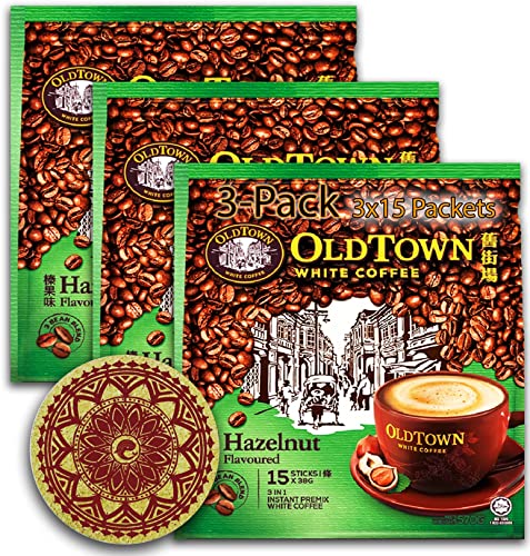 (3 Pack - Hazelnut) Old Town (3 In 1) Hazelnut White Coffee Asian Instant Coffee Whalever Eco Friendly Cork Coaster Package , Oldtown White Coffee 45 Packets #TOP8