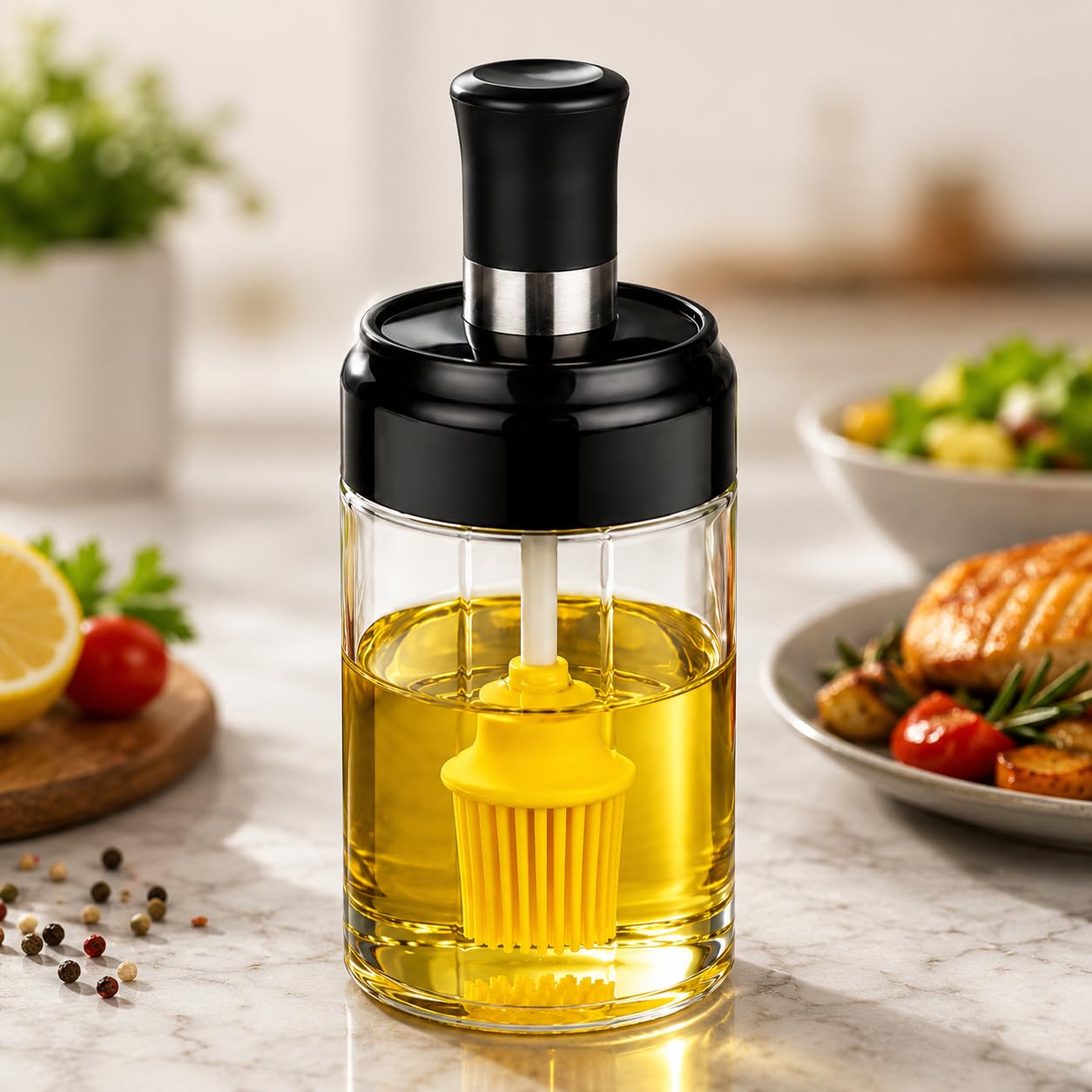 QUIXOTIC Glass Oil Dispenser with Basting Brush, Oil Ghee Container for Kitchen, Oil Brush for BBQ Pastry Grill Baking Cooking (BLACK 250 ml)-image-26