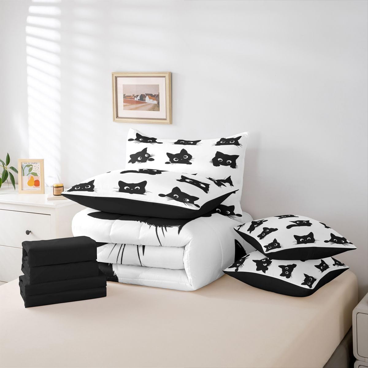Cute Cat Queen Comforter Set for Kids Boys Girls (Black and White) - Funny Black Cats Bed in a Bag with Flat and Fitted Sheet Cartoon Kitten Animal 7-Piece Bedding Set Cute Cat Quilt Duvet Sets