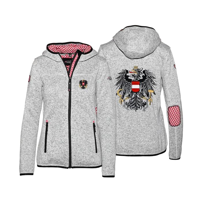 Hoamatkult Trachten Kultjacke Damen – Strickfleece mit Kapuze, Karo Rot, warme & atmungsaktive Jacke mit hochwertiger Österreich-Adler-Stickerei – perfekt zu Dirndl, Lederhose & Alltag (S)