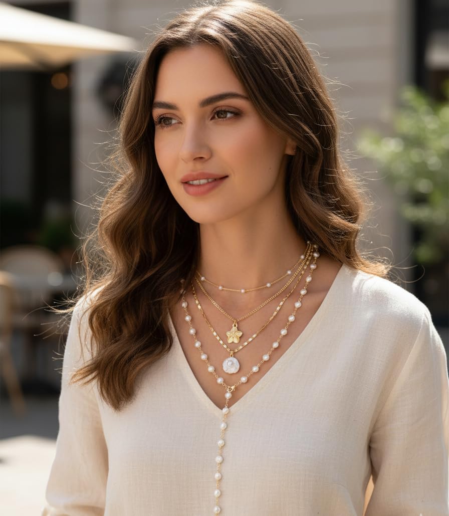 4Pcs Flower Pearl Layered Necklaces for Women,Gold Y2k Beaded Necklace Choker Pendant Chain Stack Necklace Statement Trendy Necklaces Jewelry Gifts for Women - Image 3