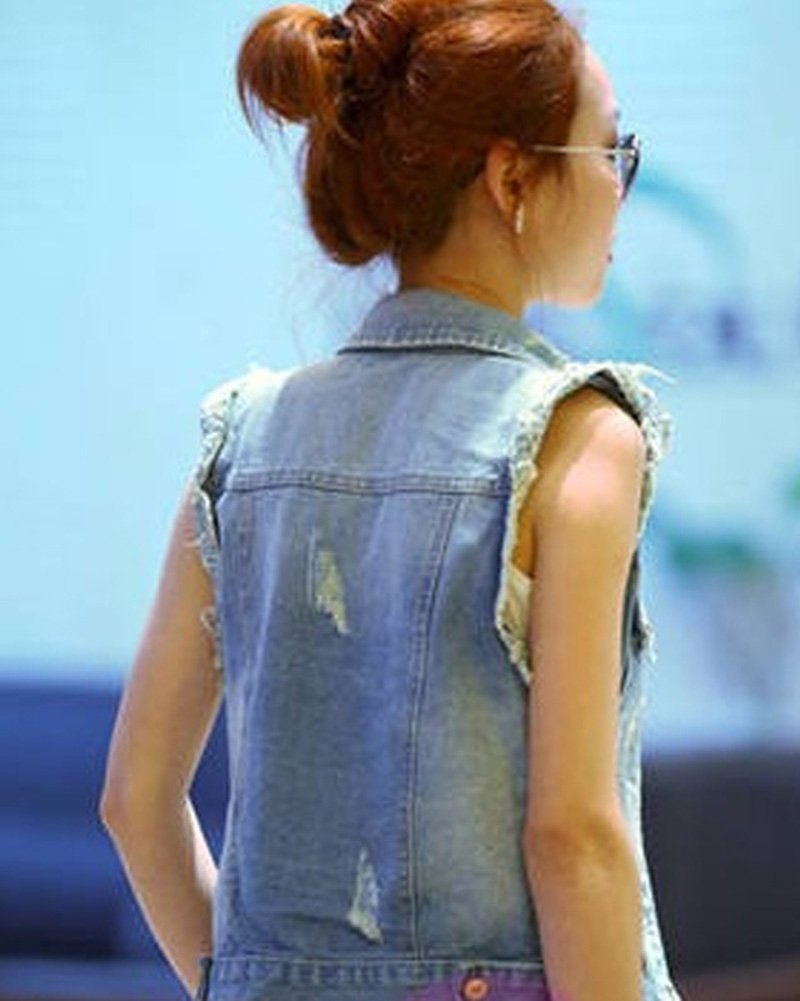 Donna Giacca Denim Senza Maniche Gilet in Jeans Slim Fit Lavaggio Colore Chiaro Strappati Giubbotto in Jeans Blu S