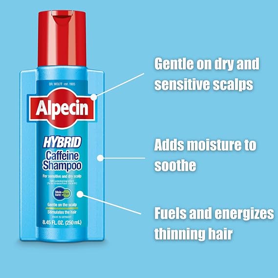 Alpecin Hybrid Caffeine Shampoo for Men with Dry, Itchy, Sensitive Scalps Moisturizes Thinning Hair Natural Hair Growth, 8.45 fl. oz., Pack of 3
