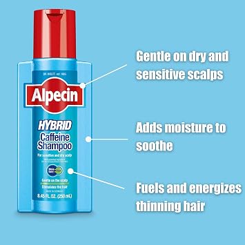 Alpecin Hybrid Caffeine Shampoo for Men with Dry, Itchy, Sensitive Scalps Moisturizes Thinning Hair Natural Hair Growth, 8.45 fl. oz., Pack of 3