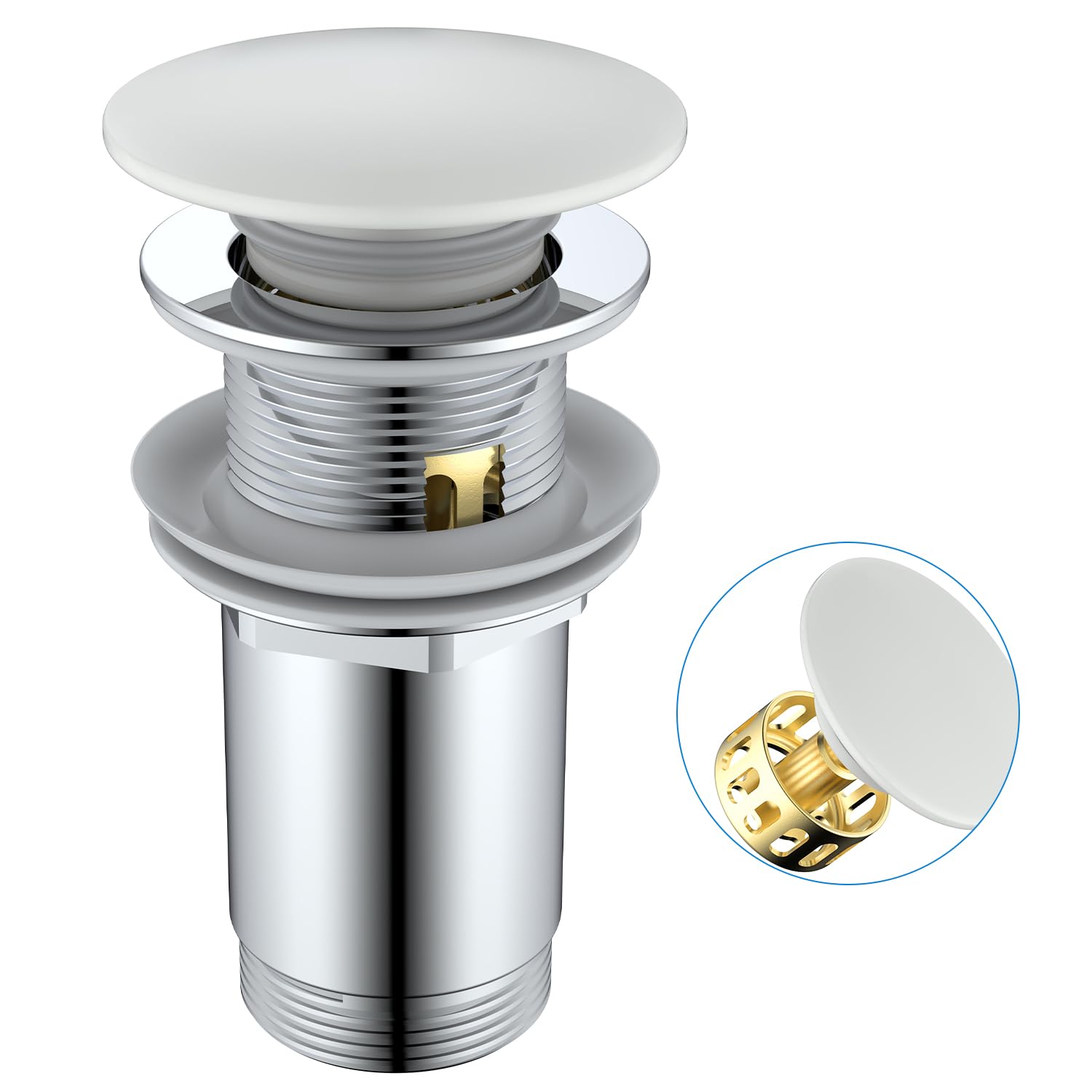 Desagüe Lavabo Blanca con o sin Rebosadero, Tapon Lavabo Click Clack, Tapa Blanca de Cerámica, Válvula Desagüe Pop Up con Cesta Filtrante, Universal G1 1/4" para Baño y Aseo