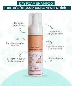 Kuru Köpük Şampuan ve Nemlendirici, Durulamasız, Kolay Tarama, Kedi ve Köpek, Organik içerikli, 200 ml