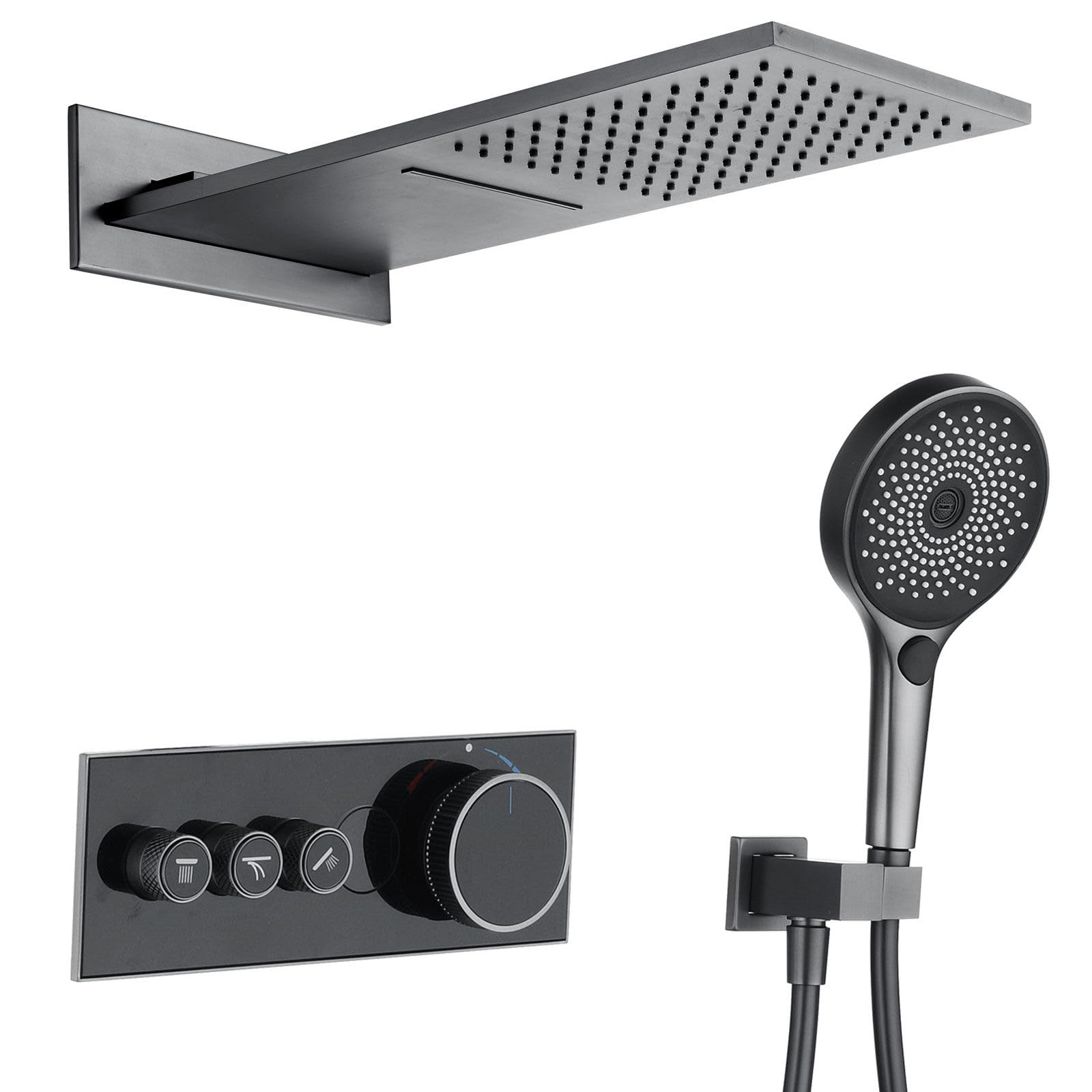 Tatic System prysznicowy montowany na ścianie, cyfrowy wyświetlacz LED 550 x 228 mm, głowica prysznicowa z opadami deszczu i wodospadem, stal 304, ręczny prysznic 3-trybowy, nowoczesna modernizacja