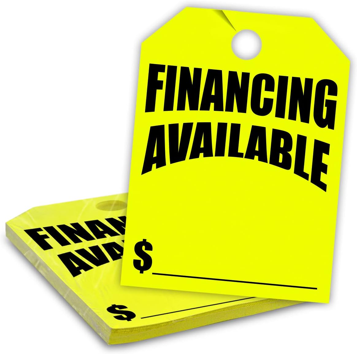 Versa-Tags Car Mirror Hang Tags - 8.5" x 11.5", Slogan-Financing Available, Pack of 50, Perfect for Auto Dealership Supplies & Car Lots Fluorescent Yellow Color