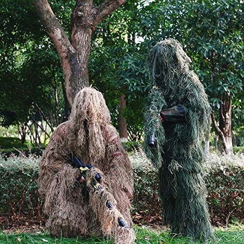 PRIOR FITNESS 5 in 1 Ghillie Suit for Men 3D Camo Face Paint Hunting with Carry Bag Lightweight Camo Lightweight Camo Clothes with Hood for Kid