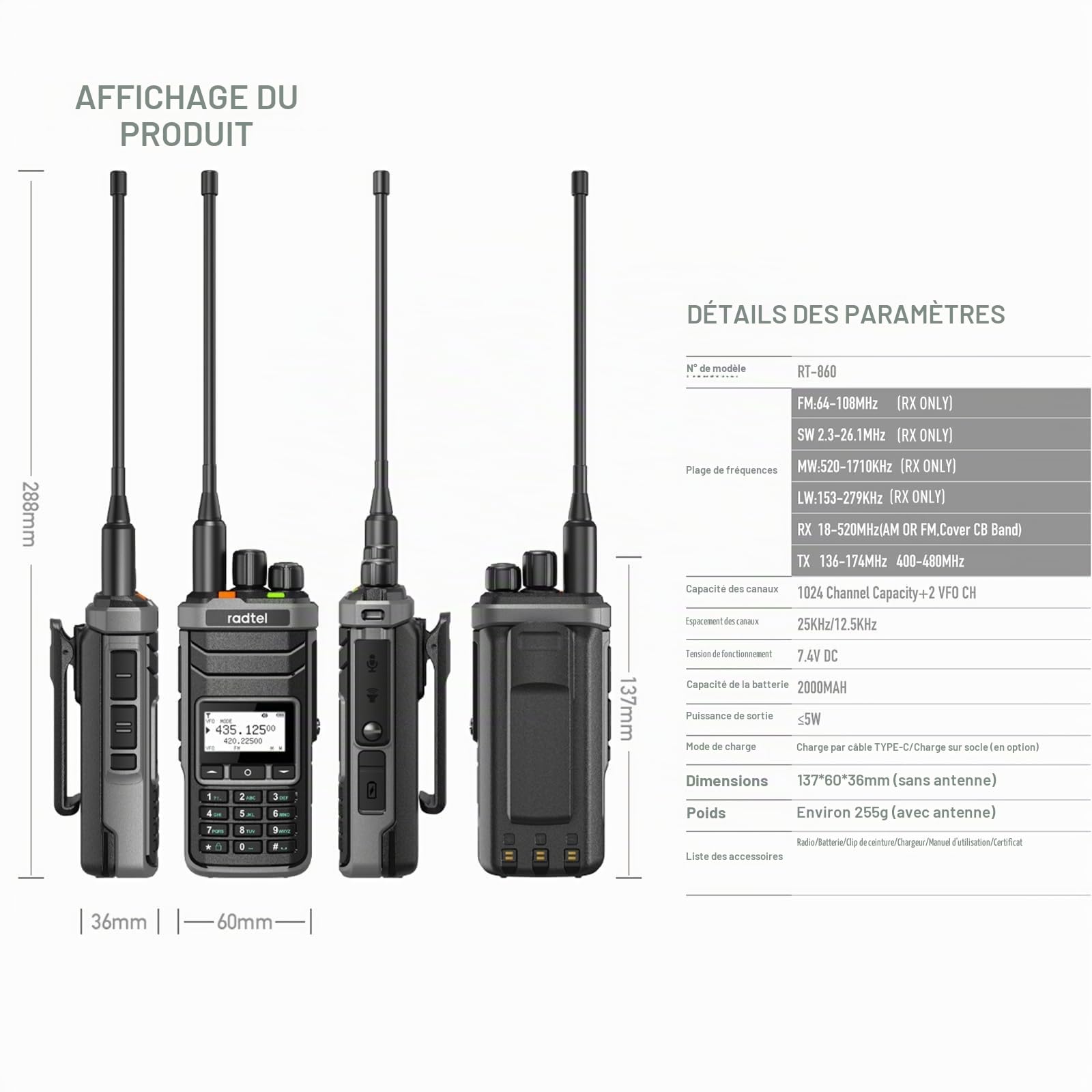 Radtel RT-860 Radio Amateur Multibande HF UHF VHF Bi-Bande avec Réception AM USB LSB CW CB LW MW SW SSB, 1024 Canaux, Batterie 2000mAh, Recharge Type-C (avec Antennes SW/MW)