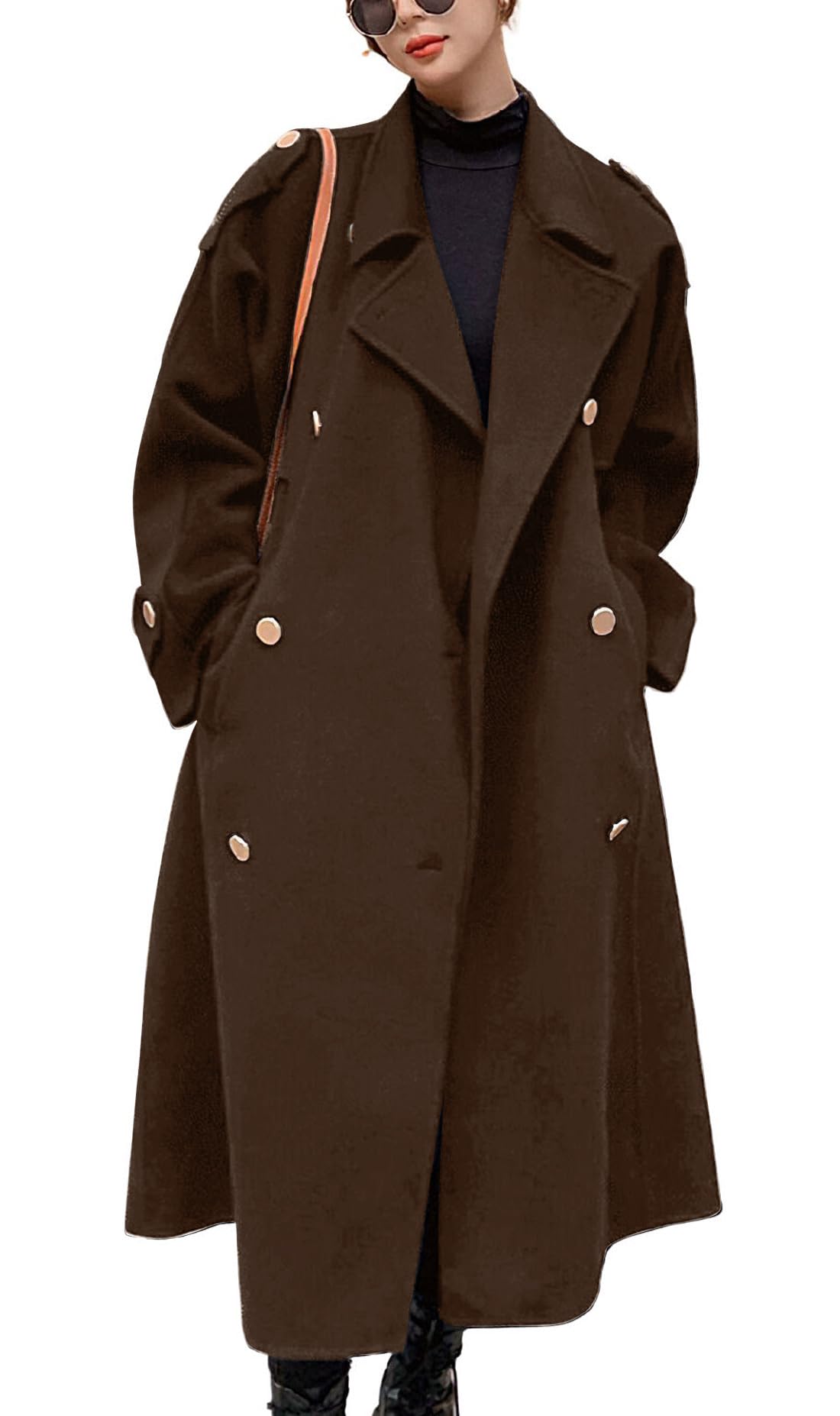 chouyatou Women's Winter Double Breasted Midi Long Wool Pea Coat