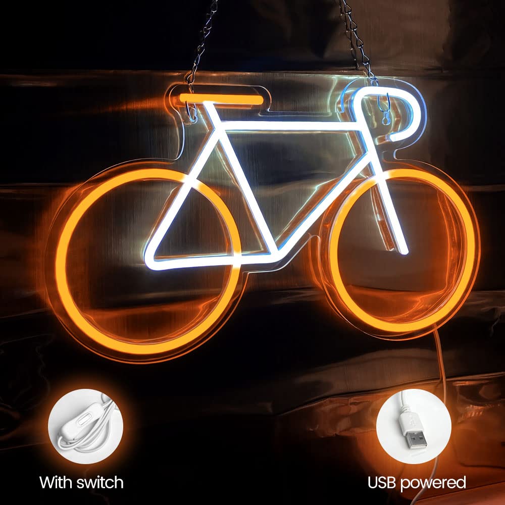Bicicletta Neon Giallo Bianco Neon Decorazioni da parete Segno LED Insegna al neon alimentata tramite USB personalizzata per l'arredamento del bar del ristorante della camera da letto