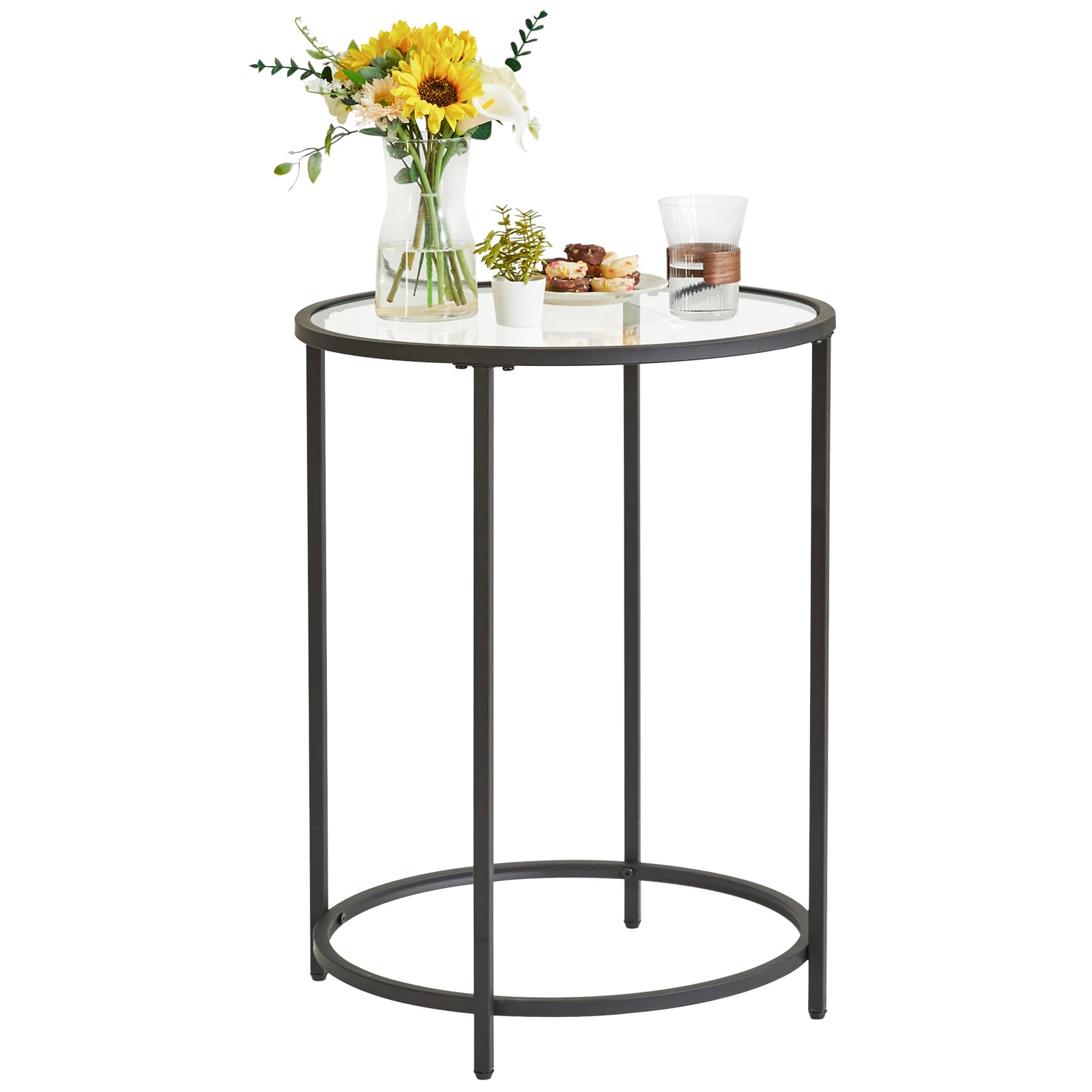 YMYNY Round Side Table, 2 Tier Accent Table, Tempered Glass End Table, Small Coffee Table, Sofa Table, Bedside Table, Modern Style, for Living Room, Bedroom, Balcony 50×50×65CM Black HGD020B