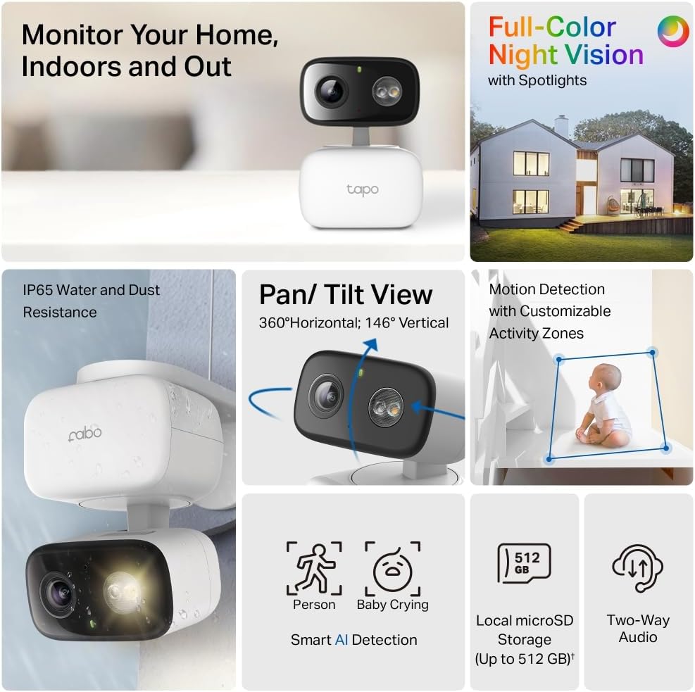 Montage of Tapo C206 features including night vision, IP65, pan/tilt, AI detection, storage, and two-way audio.
