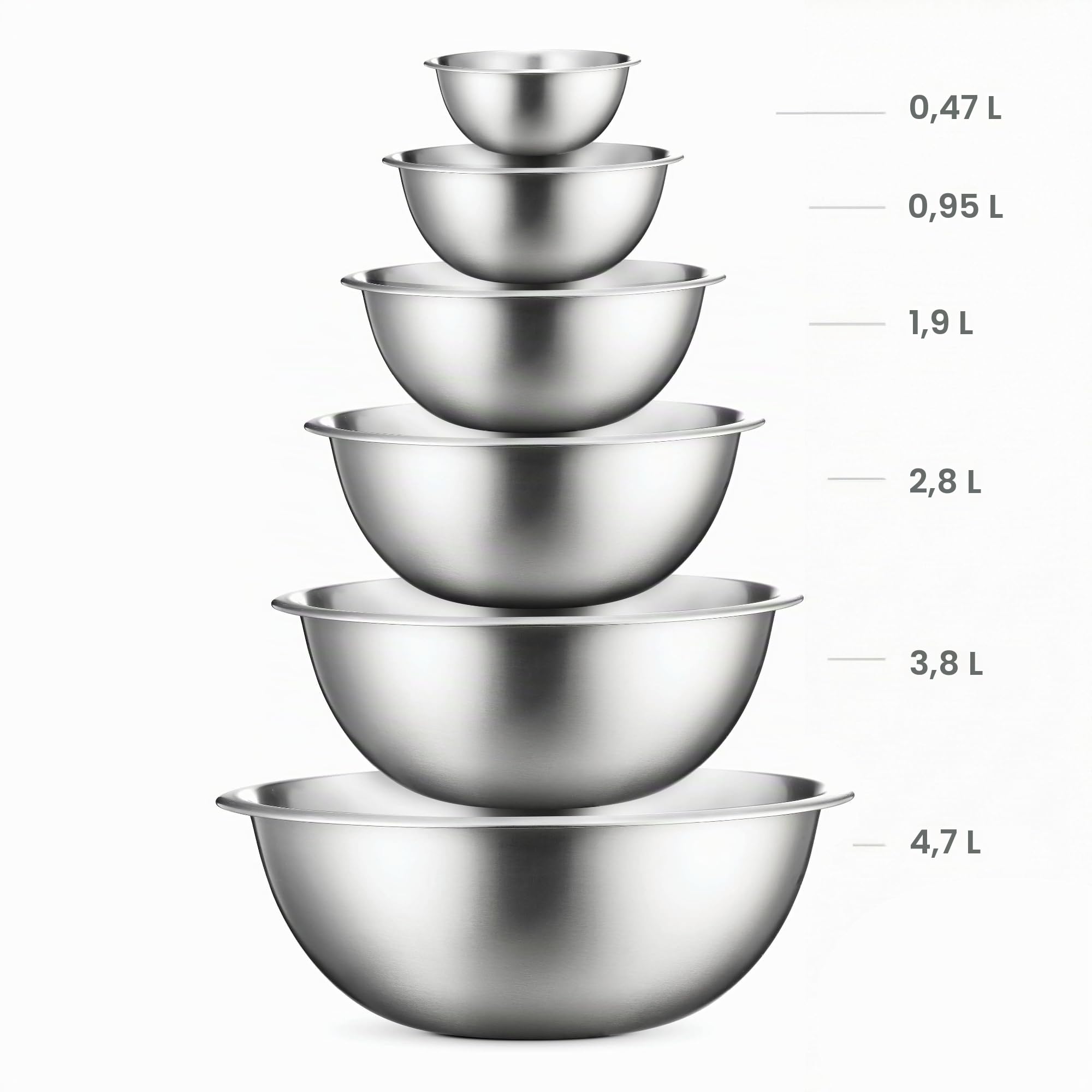 Stainless Steel Mixing Bowls by Finedine (Set of 6) Polished Mirror Finish Nesting Bowls, ¾ - 1.5-3 - 4-5 - 8 Quart - Cooking Supplies