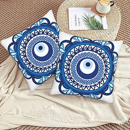 Pack Of 2 Cozy Polyester Cotton Throw Pillow Cases Covers For Couch Bed Sofa Office Farmhouse Decoration Evil Eye Mandala Style 18 X 18 Inches Printed Both Sides Cushion Covers Blue-Green #TOP6