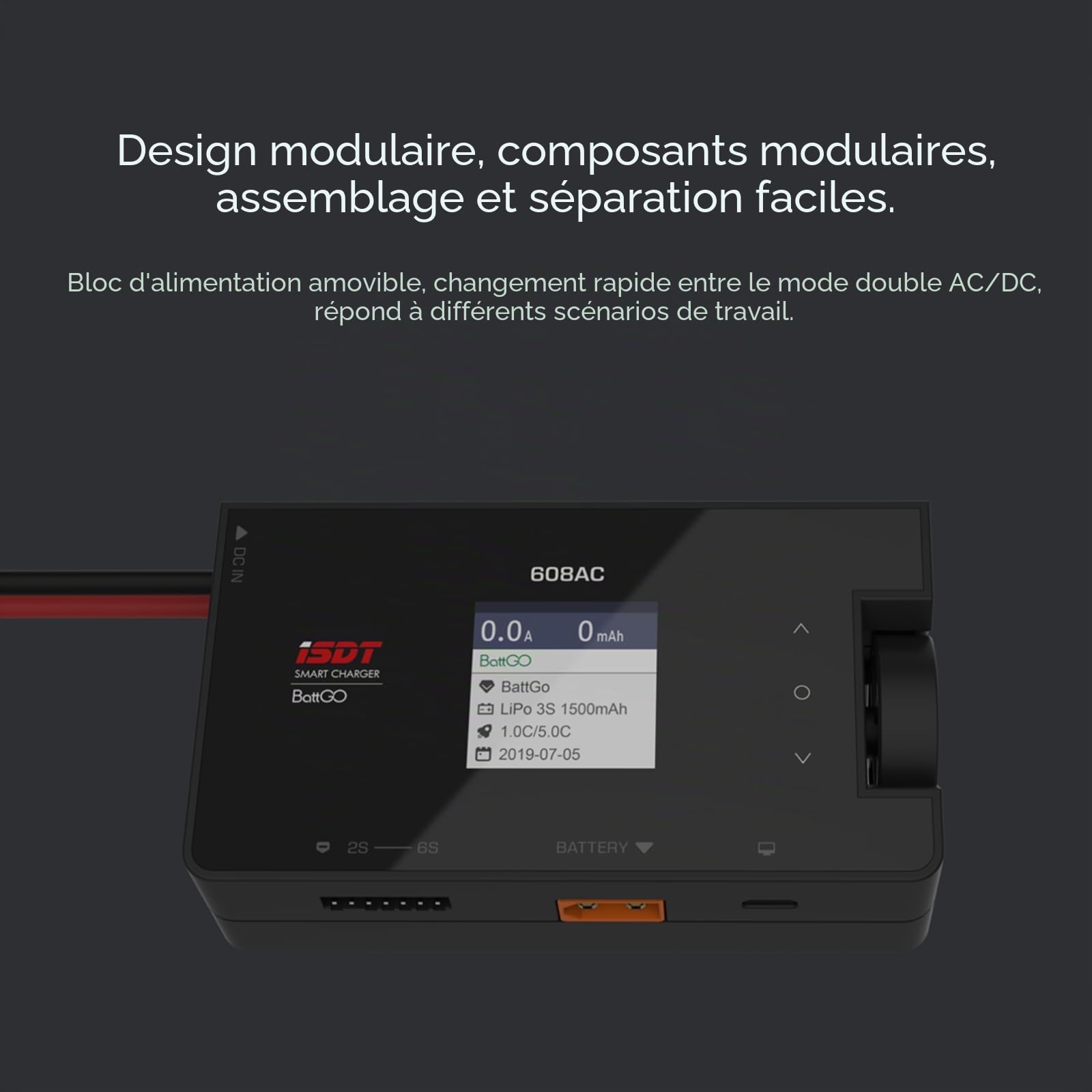 ISDT Chargeur Lipo 608AC - 50 W/200 W - Dual Mode RC - Bloc d'alimentation amovible - Chargeur Smart Balance pour batteries Life, LiPo, LiHv 1-6S/Pb 1-12S/NiMH 1-16S