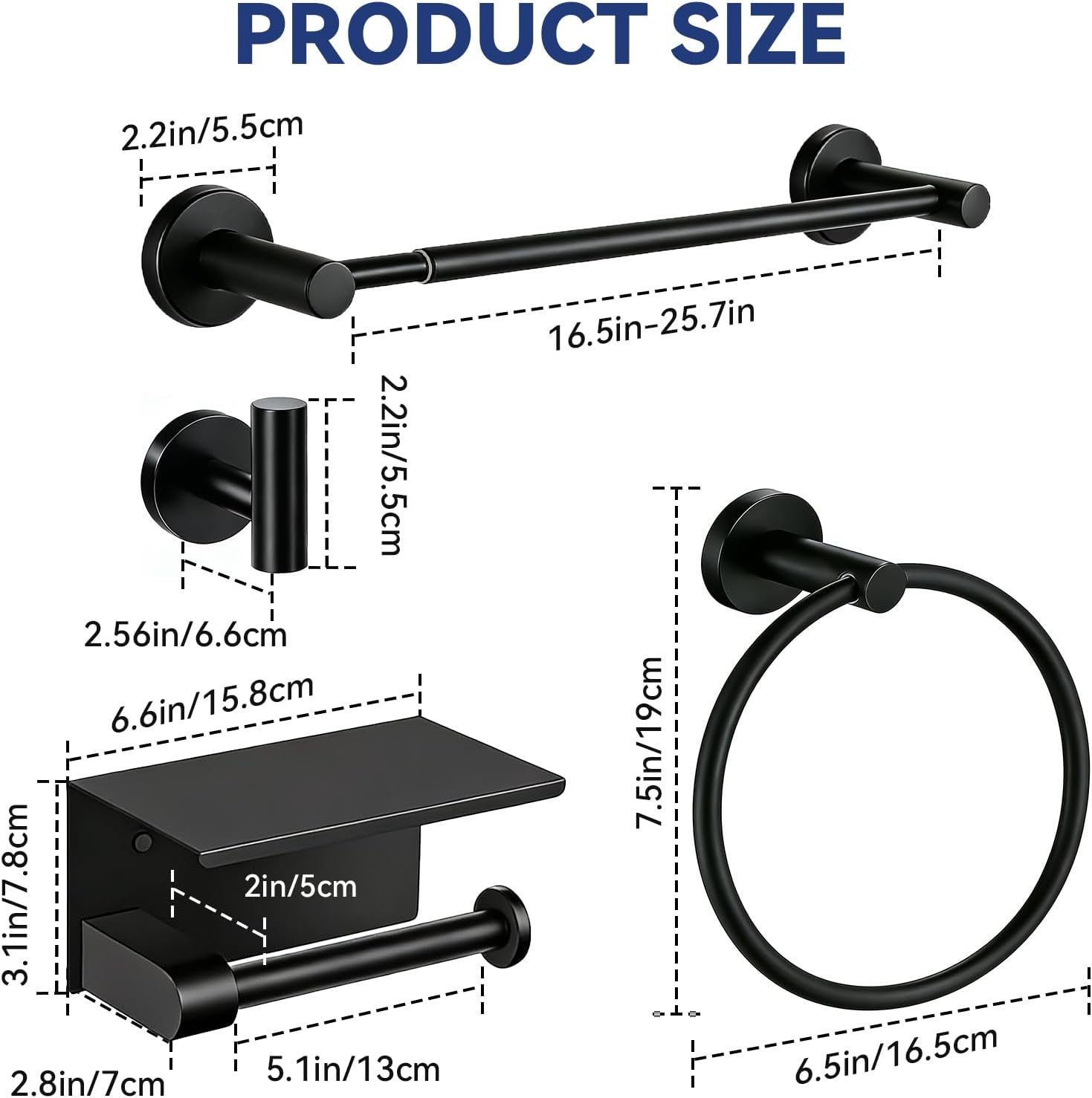 5-Piece Adjustable Towel Bar Set 16.5–25.7 Inch, Matte Black SUS304 Stainless Steel Bathroom Hardware Set with Toilet Paper Holder, Wall Mounted, Rust Resistant