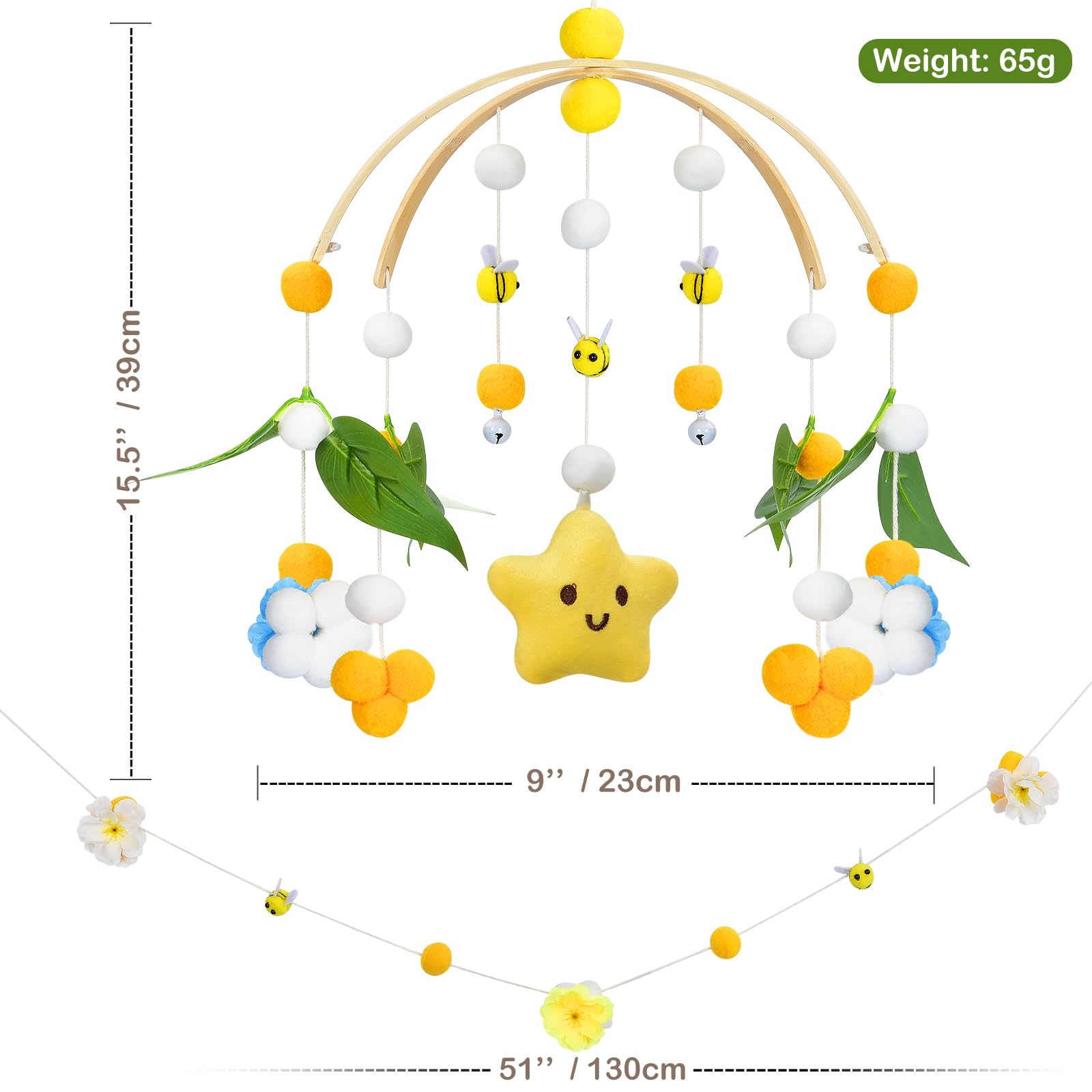 Baby Mobile for Crib Crib Nursery Mobile for Boys Stars Bee Flower Nursery Decor Soothe Baby Shower Set for Infant Bedroom Hanging Decoration ?White Yellow