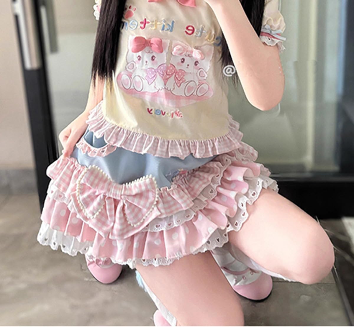 Womens Lolita Ruffled Bow Lace Skirt Kawaii Cute Pleated Cake Skirts A-Line Tiered Harajuku Zip Up Mini Dress