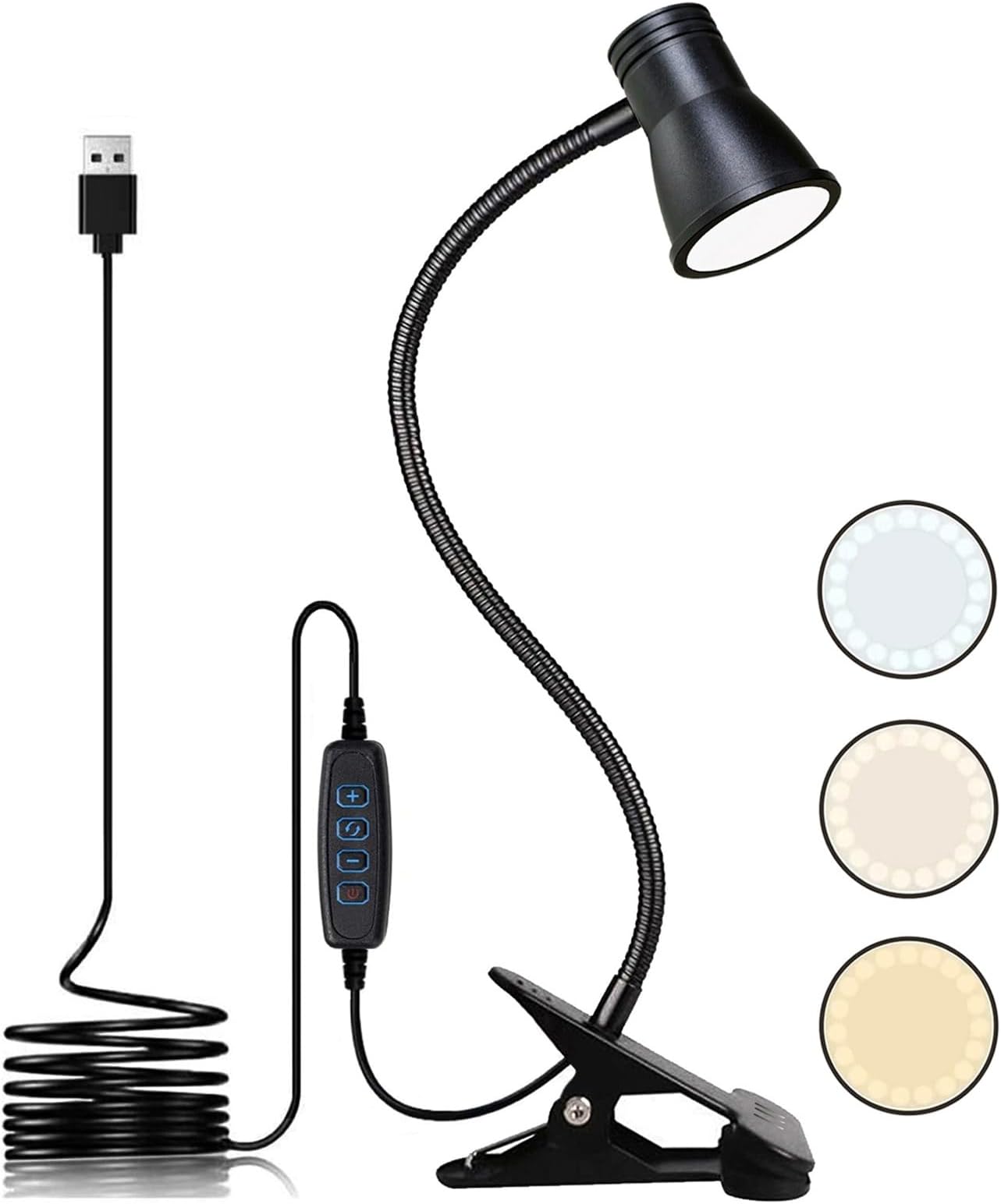 USB LED Desk Lamp Clip On Reading Light, 3 Light Mode 10 Dimmable Brightness Levels Eye Caring Book Light, Bedside Lamp with Flexible Neck, Adjustable for Studying Working（Black）