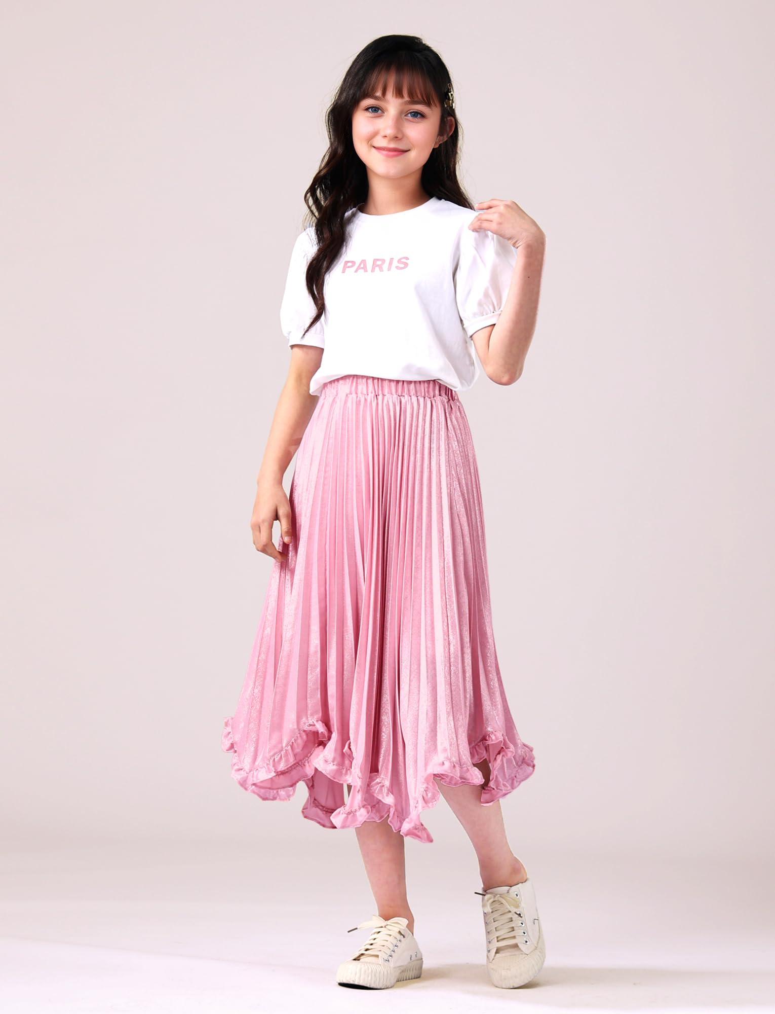Happy Cherry Gonna a pieghe lucida da bambina, con elastico in vita, gonna lunga in chiffon, 4-16 anni