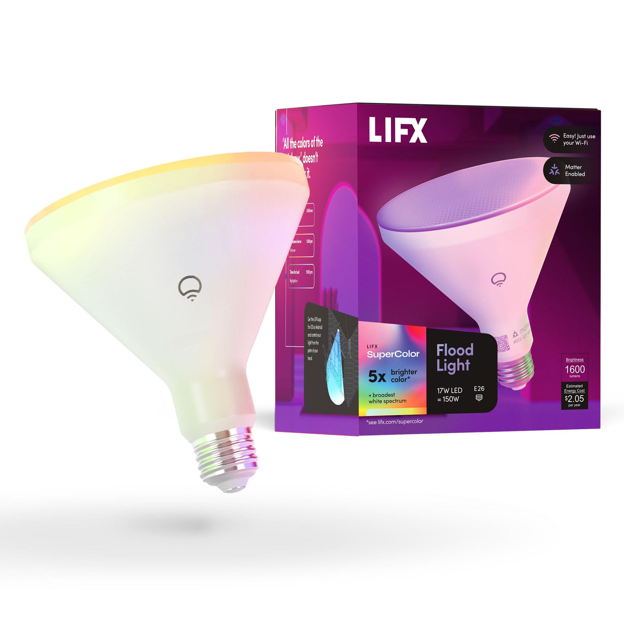 Photo 1 of LIFX Smart Flood Light Bulb PAR38 E26 (1 Pack), Color Changing RGB + Warm White 1600 Lumens 150W Equivalent Tunable LED, 90+ CRI, Matter Compatible, Apple HomeKit, Alexa & Google Home Dimmable