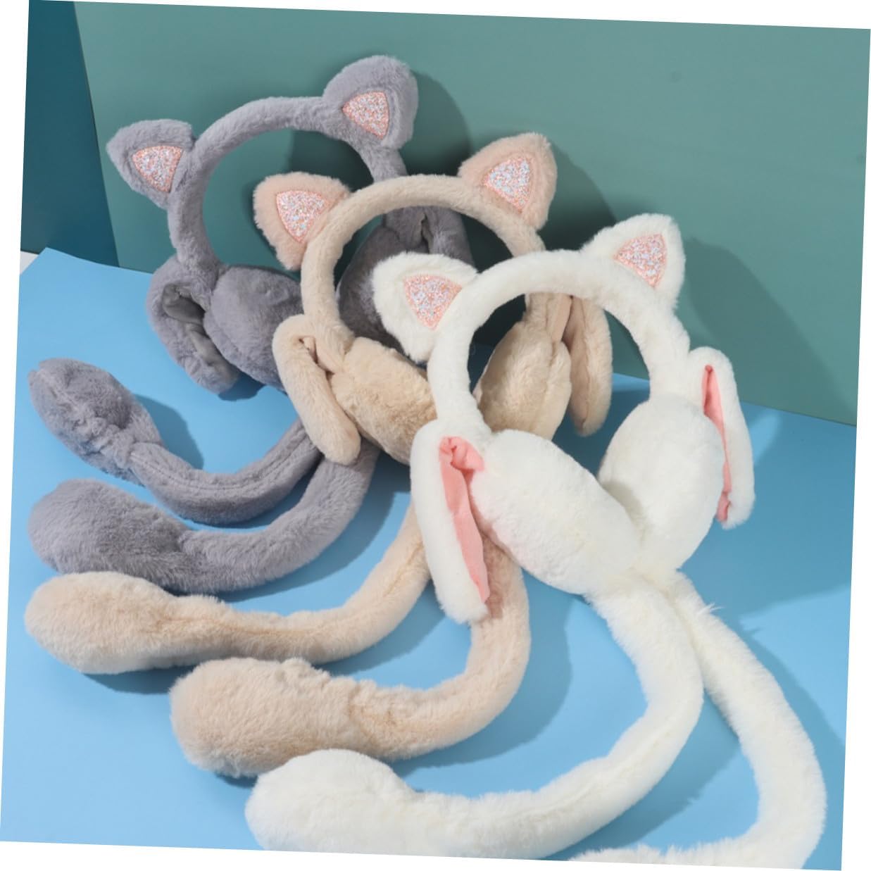 Ciieeo Bunny Earmuffs Moving Winter Ear Warmers for Women Soft Furry Light Color One Size Cold Weather Protection