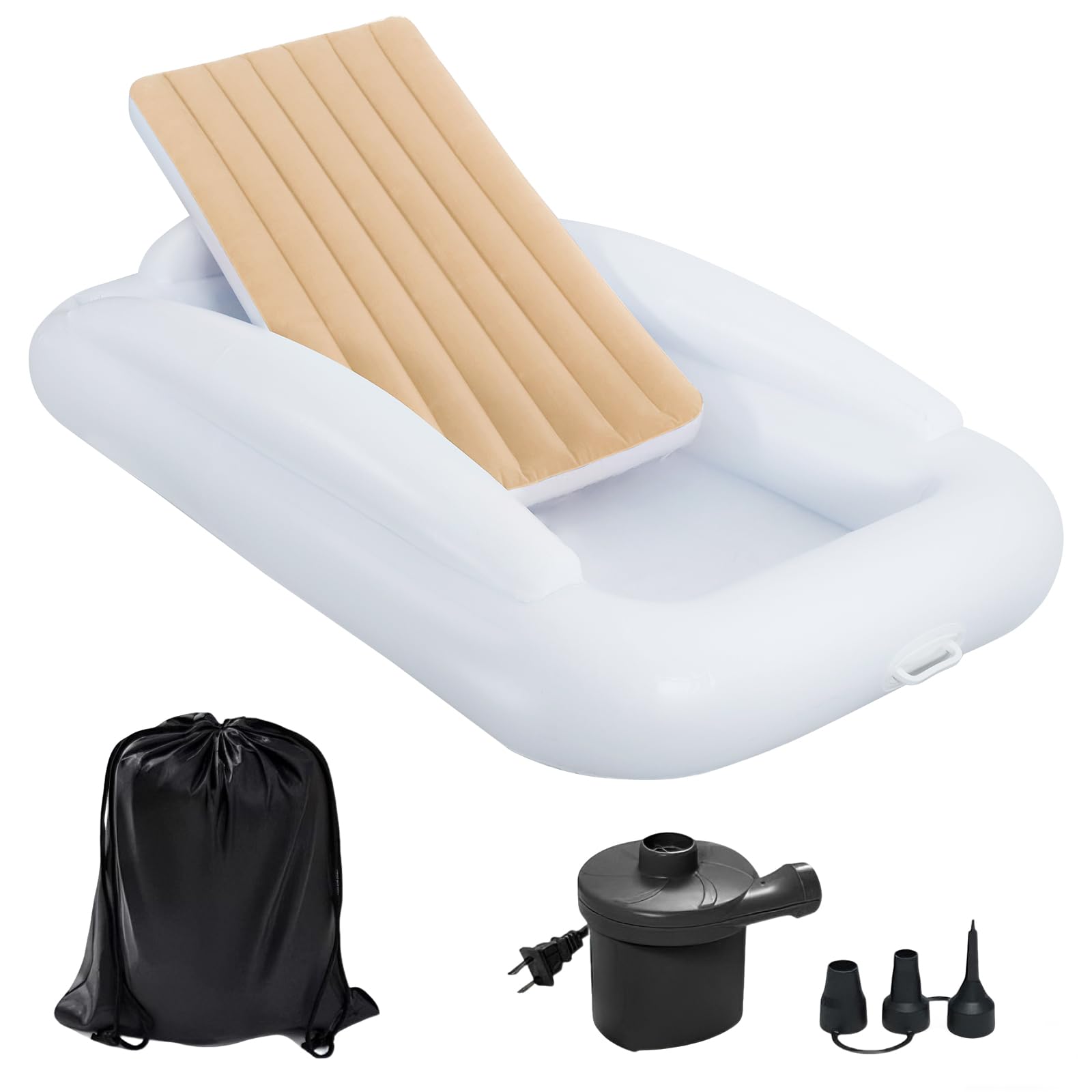 Bloomoja Inflatable Toddler Travel Bed with Safety Bumpers, 63 Inches Portable Kids Air Mattress with High-Speed Pump, Inflatable Toddler Bed for Travel Camping and Grandmas House, Khaki