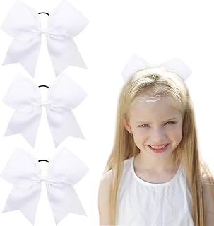 8inch Jumbo Large Cheer Bows Ponytail Holder Elastic Band Handmade Boutique Hair Accessories for Cheerleading Teen Girls College Women Sports (3PCS, White)