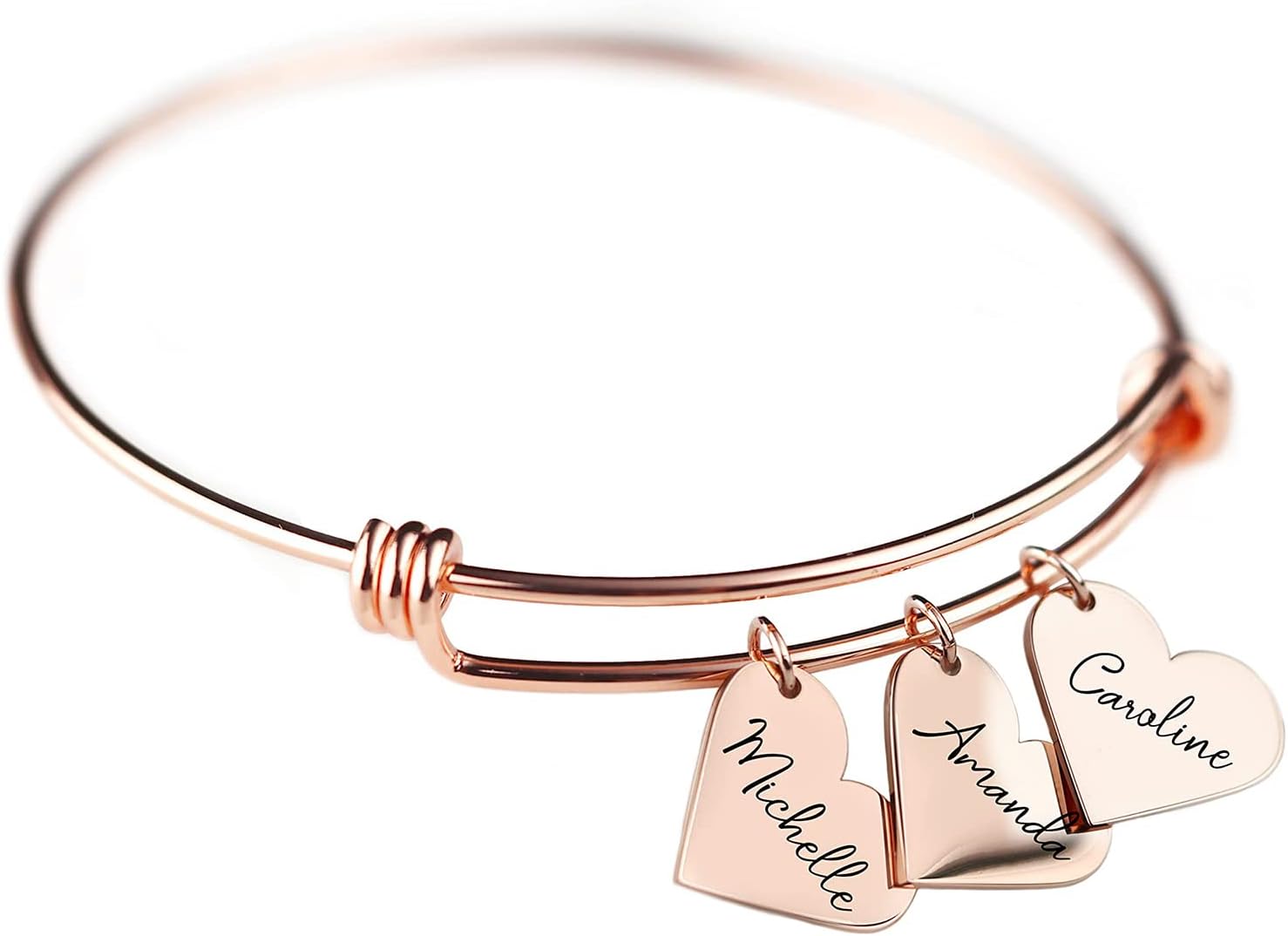 MignonandMignon Custom Heart Charm Bracelet with Engraved Names, Personalized Gift for Women, Mom, Bridesmaids, or Friends, Adjustable Bangle for Graduation, Birthday
