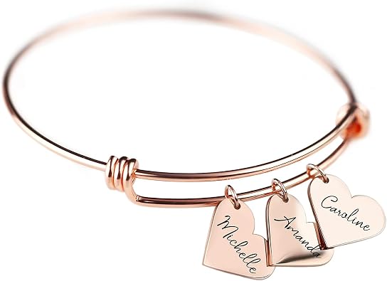 MignonandMignon Custom Heart Charm Bracelet with Engraved Names, Personalized Gift for Women, Mom, Bridesmaids, or Friends, Adjustable Bangle for Graduation, Birthday