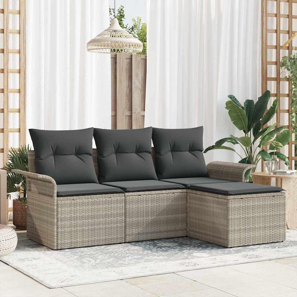 Canapés de jardin en polyrotin gris clair | Salon modulaire 4 pièces avec coussins et rangement