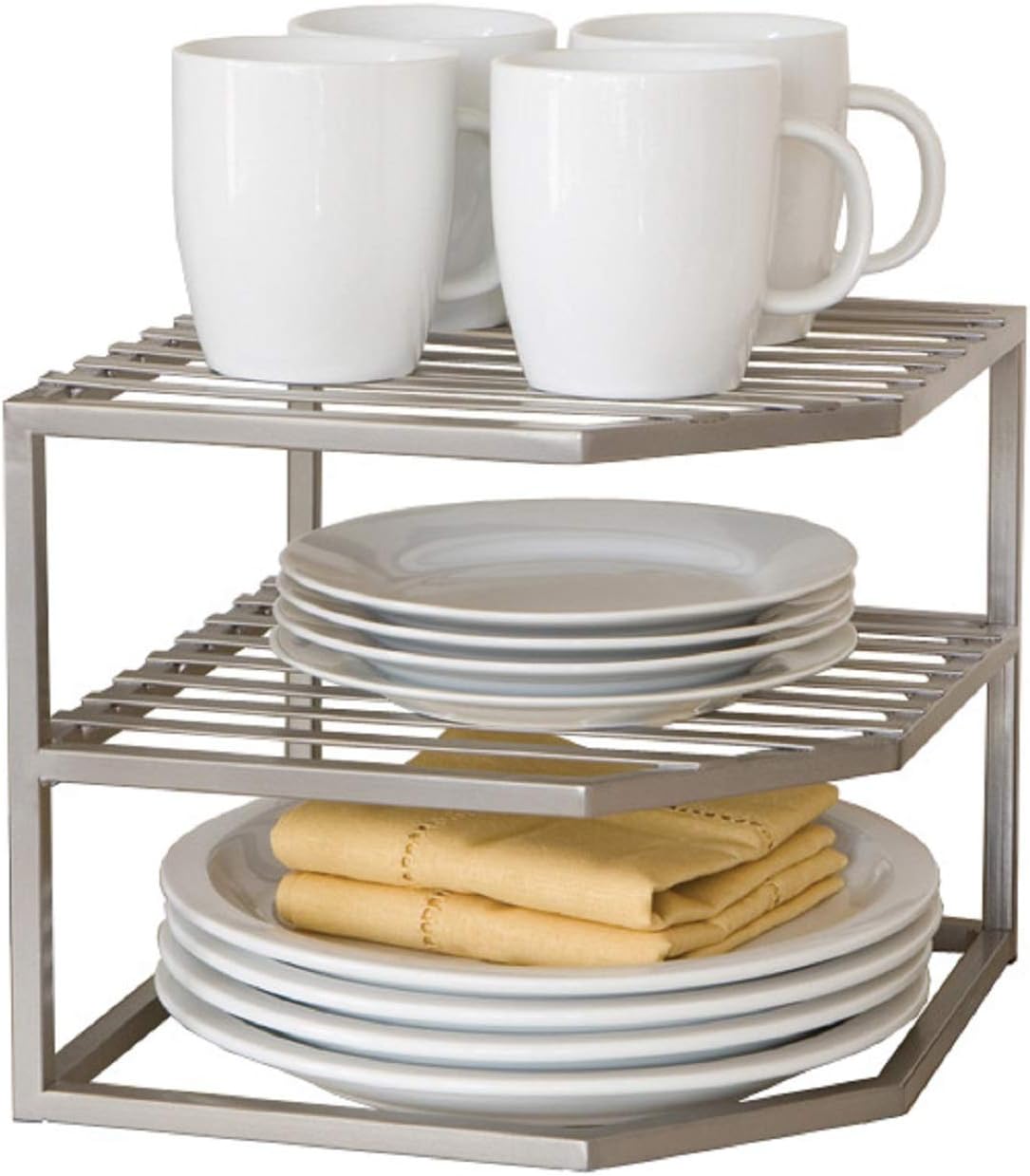 Seville Classics 2-Tier Corner Shelf Counter and Cabinet Organizer, Platinum