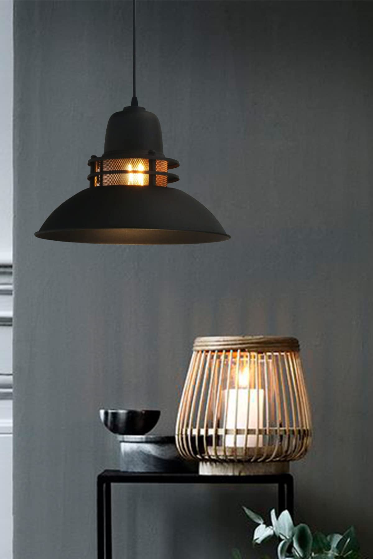 bamyum Suspension Luminaire Industrielle, Lustre Salon de 34 cm, Lustre Cuisine en Métal, Vintage Lampe de Chambre, Salle à Manger, Couloir, Lampe à Suspension Industrielle, Plafond Noir Mat