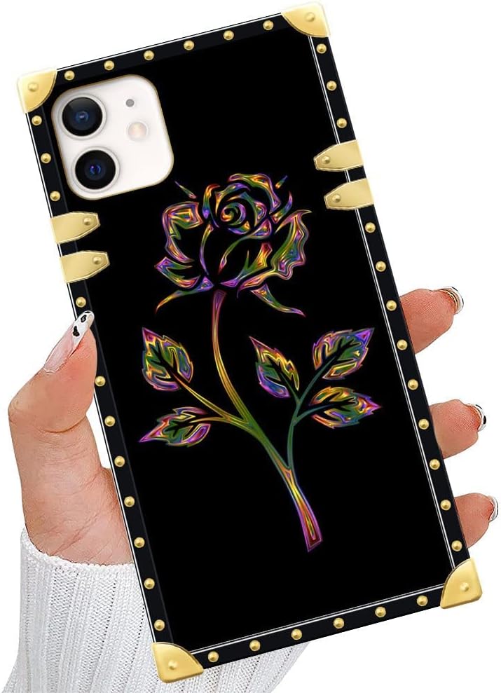 iPhone 11 Case , Colorful gold rose iPhone 11 Case for Girls and Women，Square Luxury Elegant Soft TPU Shockproof Protective Metal Decoration Corner Back Cover Case iPhone 11 Case 6.1 Inch