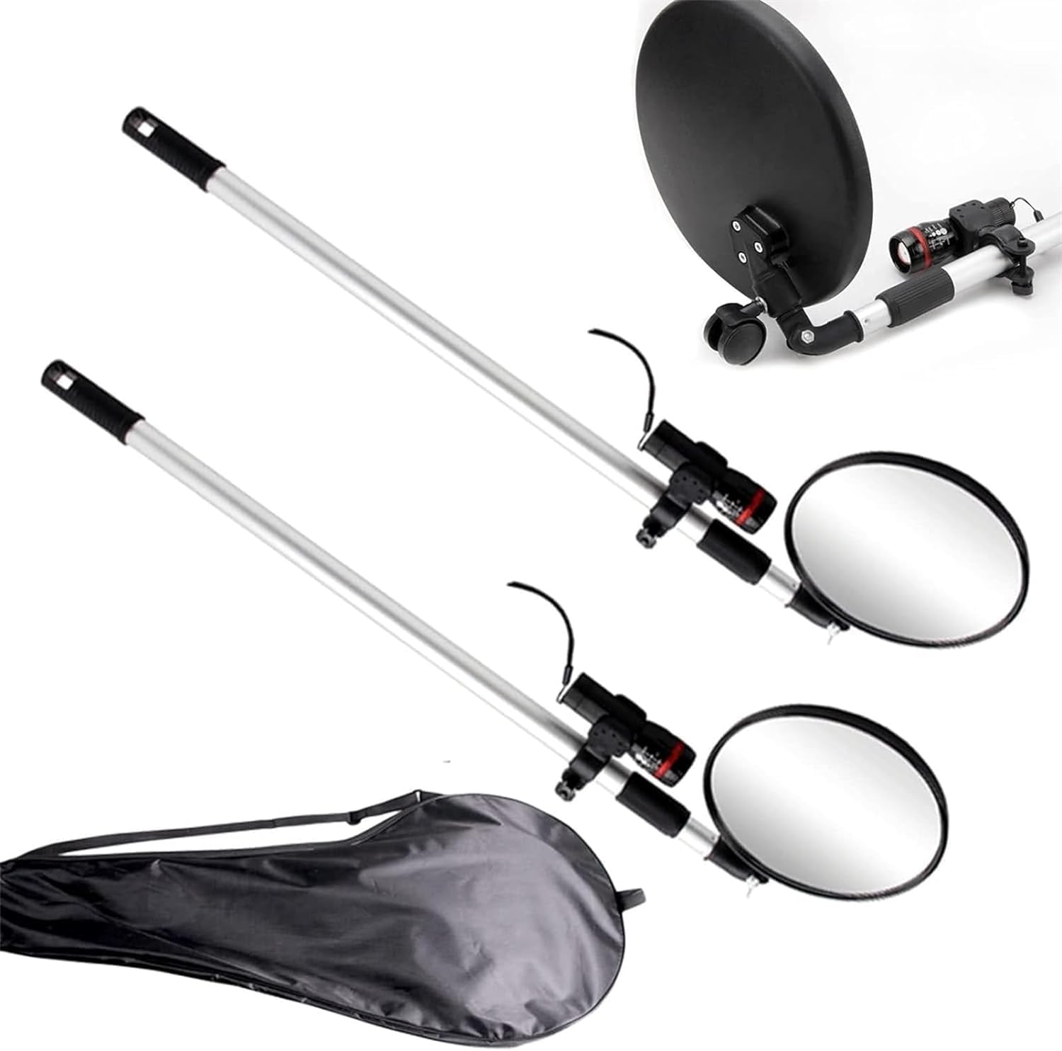 Telescoping Inspection Mirror, 2Pack Telescopic Inspection Mirror Acrylic Round Security Mirror,with 1Foot Wheel and Led Light,Rod Length from 64.5cm to 112.5cm