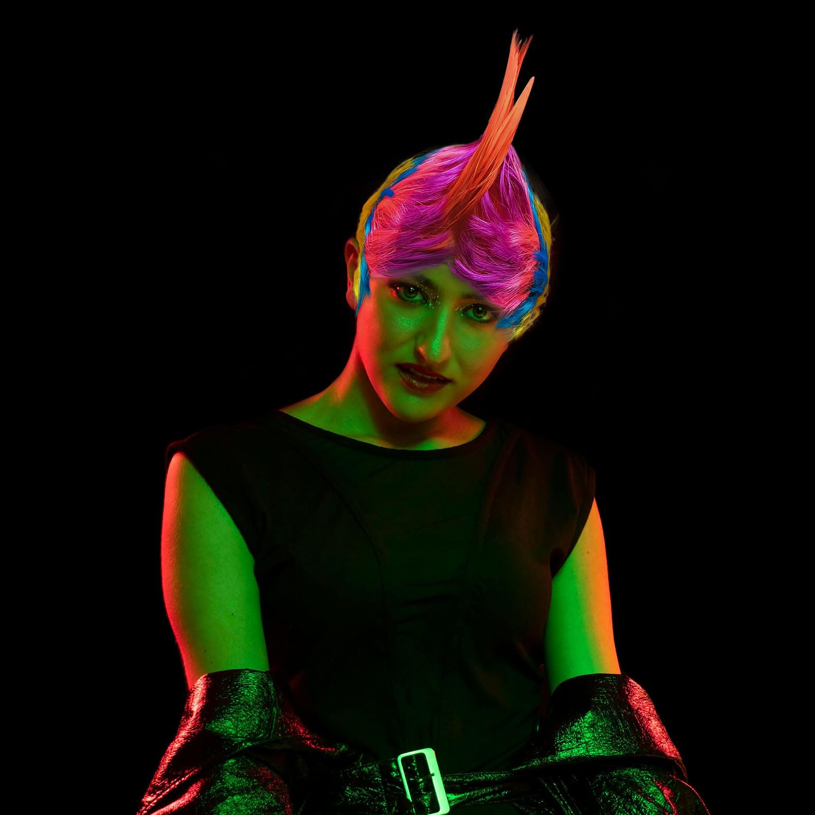 UILYNIU 80s Street Punk Wig Heavy Metal Disco Wig Dress Up Wigs Rock Star Hard Rocker Multi-Coloured Costume Rocker Fancy Dress Accessories Halloween Fancy Costume(Red) - Image 3