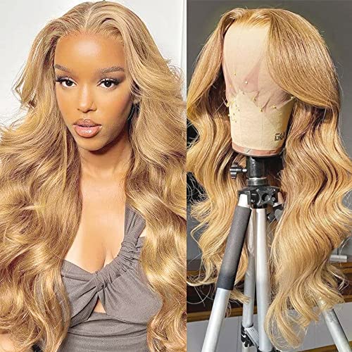 20 Inch Honey Blonde Body Wave Lace Front Wig 13X4 HD Lace Front Wigs Human Hair 180 Density Brazilian Virgin Human Hair Pre Plucked with Baby Hair Colored Human Hair Lace Front Wigs ( 27# Color, Body Wave Wigs With Five gifts)