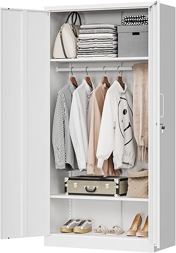 MIIIKO Armario de almacenamiento de ropa de metal, armarios de acero con estantes y barra para colgar, armario de almacenamiento grande de 72