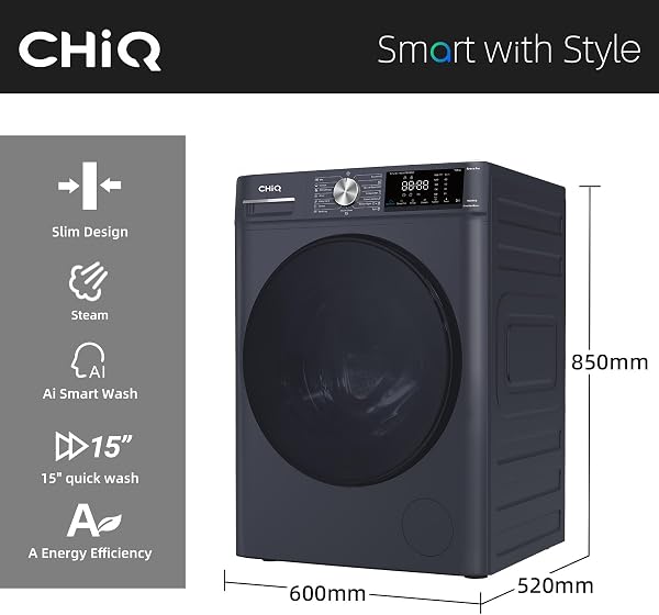 CHiQ CFL90-14586IM3XAU, Front Load Washing Machine 9kg, Space Pro, Counter Depth, Large Drum, Quiet Inverter Motor, 1400rmp, AI Smart Program, Steam Function, Energy Efficient, Grey [Energy Class A] - 2