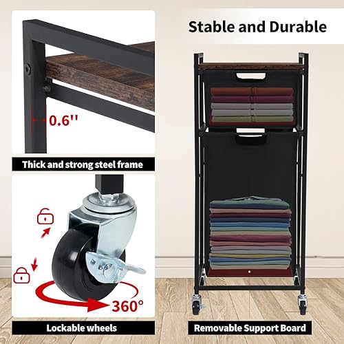 Miniatura 3 de LUCKUP Cesta de lavandería con estante, clasificador de ropa sucia de 2 secciones con bolsas extraíbles, carrito de lavandería con ruedas de mesa,