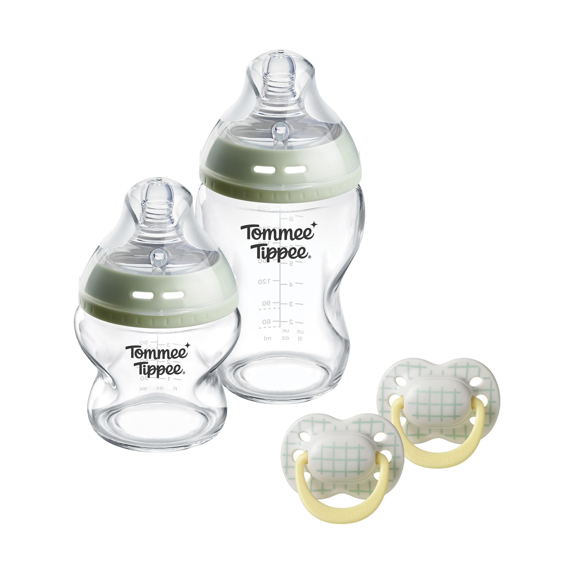 Tommee Tippee Natural Start Geschenkset aus Glas für Neugeborene 150-ml-und 250-ml-Anti-Kolik-Babyflaschen mit Besonders langsamer und Langsamsauger und 2x Ultimate Fit Schnuller, selbststerilisierend