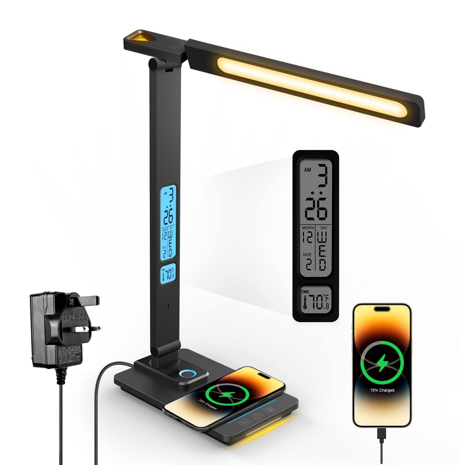 LAOPAO LED-Schreibtischlampe mit kabellosem Ladegerät, USB-Ladeanschluss, Touch-Schiebe, dimmbar, Auto-Timer, Tischlampe mit Nachtlicht, Schreibtischlichter mit Uhr für Studium, Lesen, Heimbüro