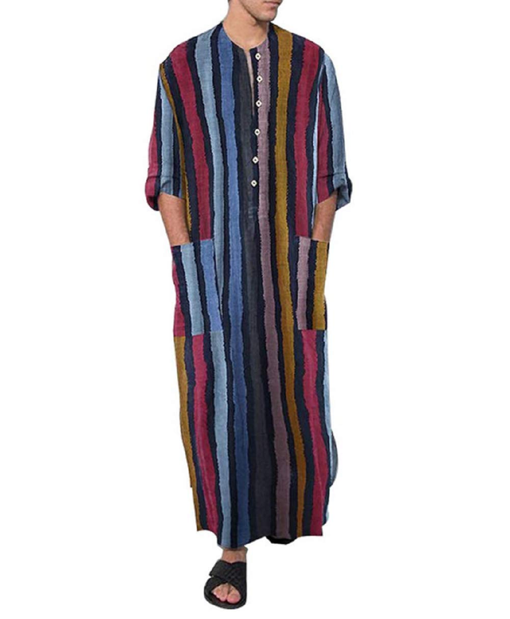 Robe Men's Ethnic Long Sleeve Plain Kaftan Loose Fit Casual Tunic Large Sizes Long Shirt with Pockets Summer Cotton Linen Robes, stripes, XXXL