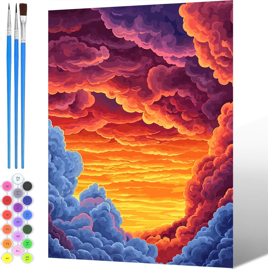 Pintura por Números para Adultos Cielo, Painting by Numbers Kits Paisajes, DIY Pintura por números para adultosy niños, con Pinceles Pigmento Acrílico (sin marco), Decoraciones del Hogar 40x50cm -1554