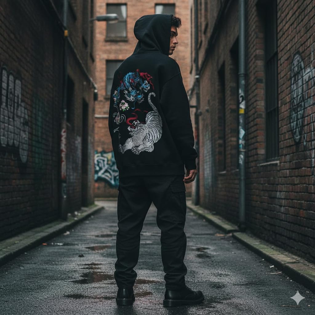 Niepce Inc Streetwear Men's Dragon Embroidered Heavyweight Graphic Hoodies - Image 4