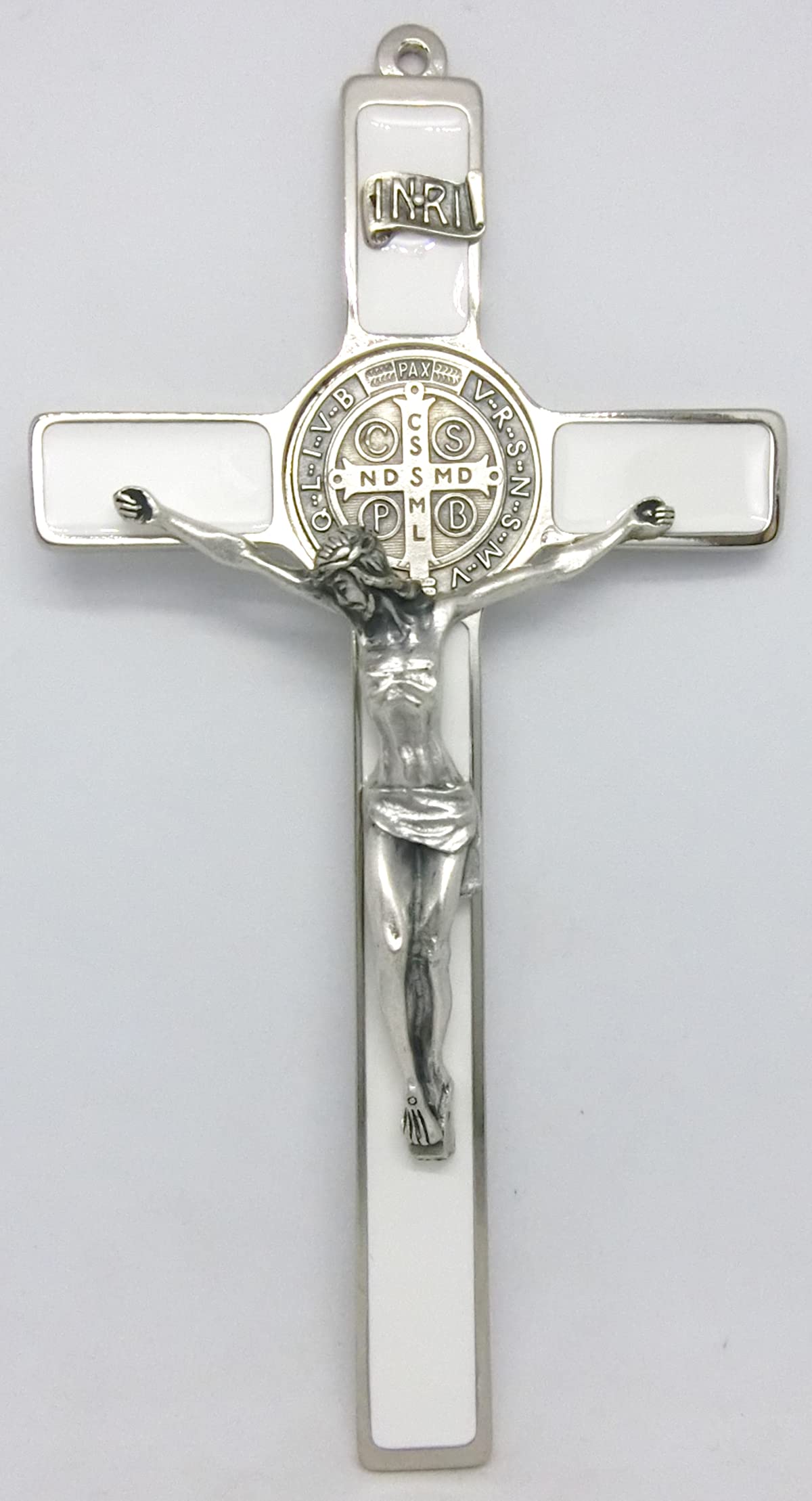 GTBITALY 10.004.11 croce di san benedetto eco economica argento smaltata a mano bianco prete sacerdote esorcista esorcismo suora chiesa 20 cm