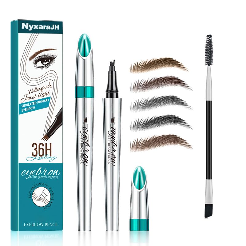 36H - Lápiz de cejas impermeable de 4 puntas, kit de maquillaje profesional 4 en 1 con brocha, 5 colores naturales disponibles (2# marrón oscuro)