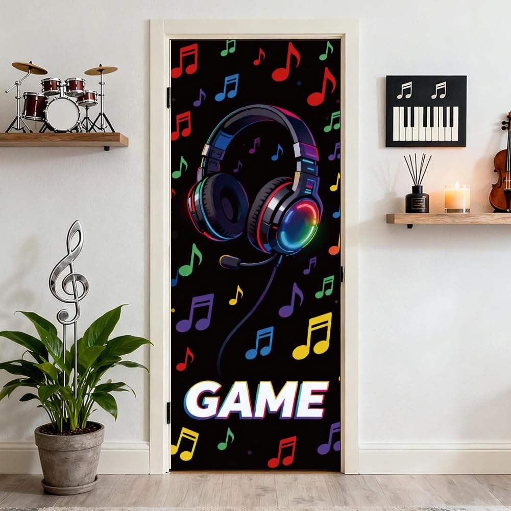 arricraft 2 Pcs Self-Adhesive Door Sticker, 31.5"x78.7" Headphone Music Games Musical Notes Door Murals Stickers PVC Removable Wallpaper Decoration for Bedrooms ​Living Room